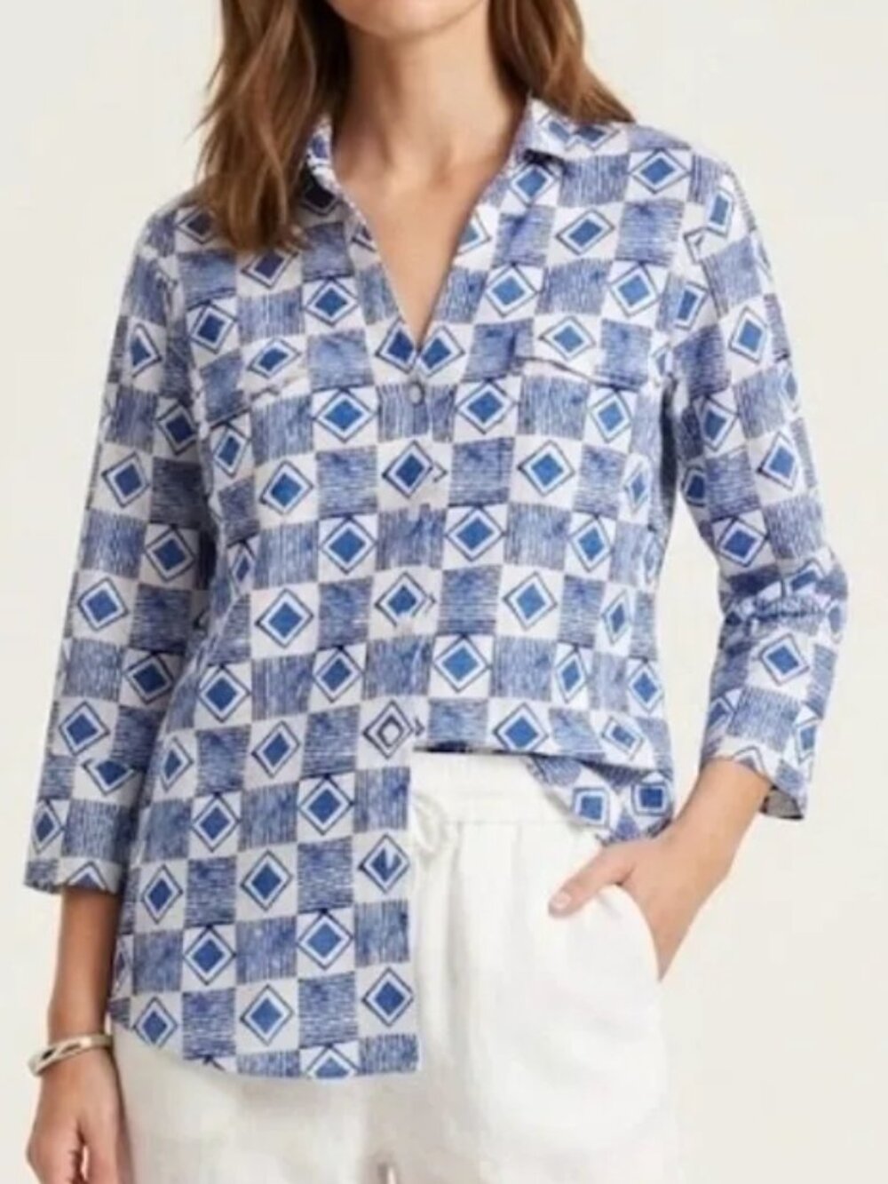 J. McLaughlin Brynn Linen Top in Blue Trellis S